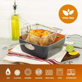 6 Quart XL Nonstick Copper Deep Square All in One 6 Qt Casserole Chef's Pan & Stock Pot- 4 Piece Set