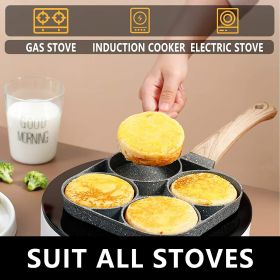 1pc Fry Pan For Egg, Non Stick Ham Pancake Maker, Egg Burger Pan With Wooden Handle, 4 Holes, For Induction Cooker Gas Stove (quantity: 1PC)